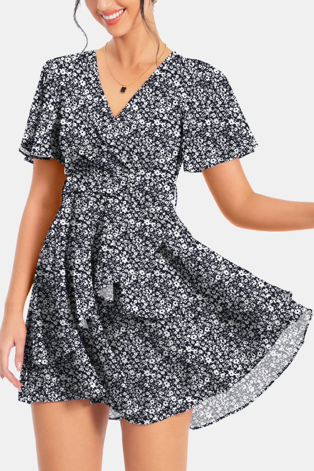 Surplice Neck Flutter Sleeve Dress - Casual & Maxi Dresses - FITGGINS