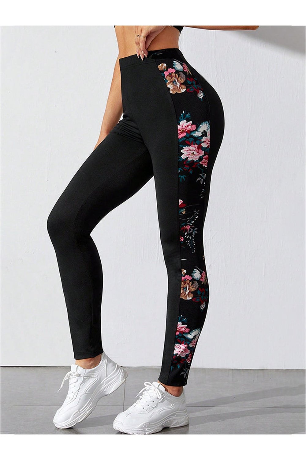 Floral Print Wide Waistband Pants - Leggings - FITGGINS