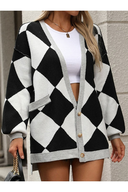 Checkered Dropped Shoulder Long Sleeve Cardigan - Cardigans - FITGGINS