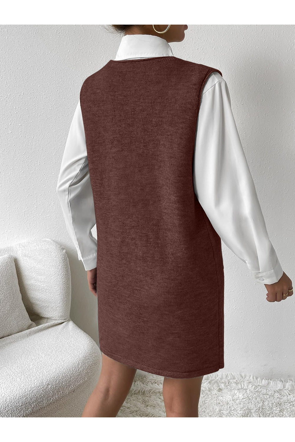 V-Neck Sleeveless Sweater Dress with Pockets - Sweater Dresses - FITGGINS