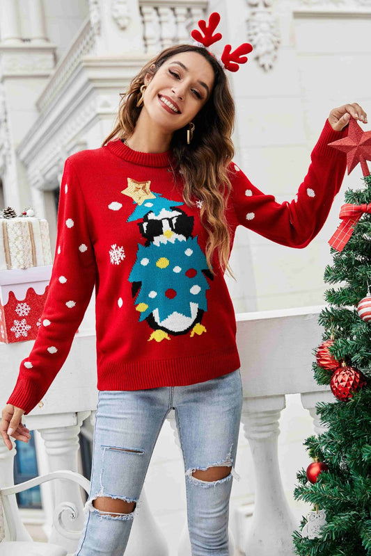 Christmas Penguin Graphic Sequin Sweater - Pullover Sweaters - FITGGINS