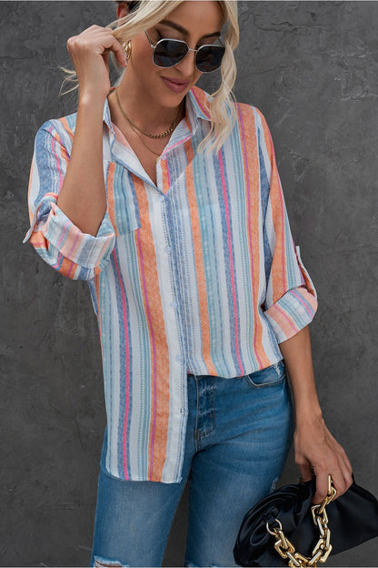 Striped Button-Up Curved Hem Shirt with Breast Pocket - Shirts - FITGGINS