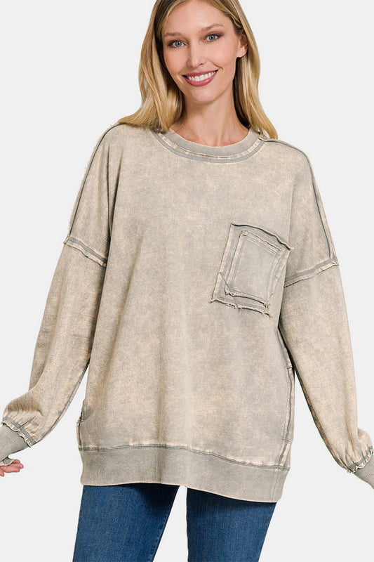 Zenana Exposed Seam Round Neck Dropped Shoulder Sweatshirt - Sweatshirts & Hoodies - FITGGINS