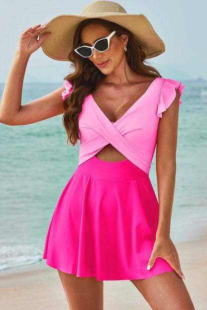 Cutout V-Neck Cap Sleeve One-Piece Swimwear - Swimwear One-Pieces - FITGGINS