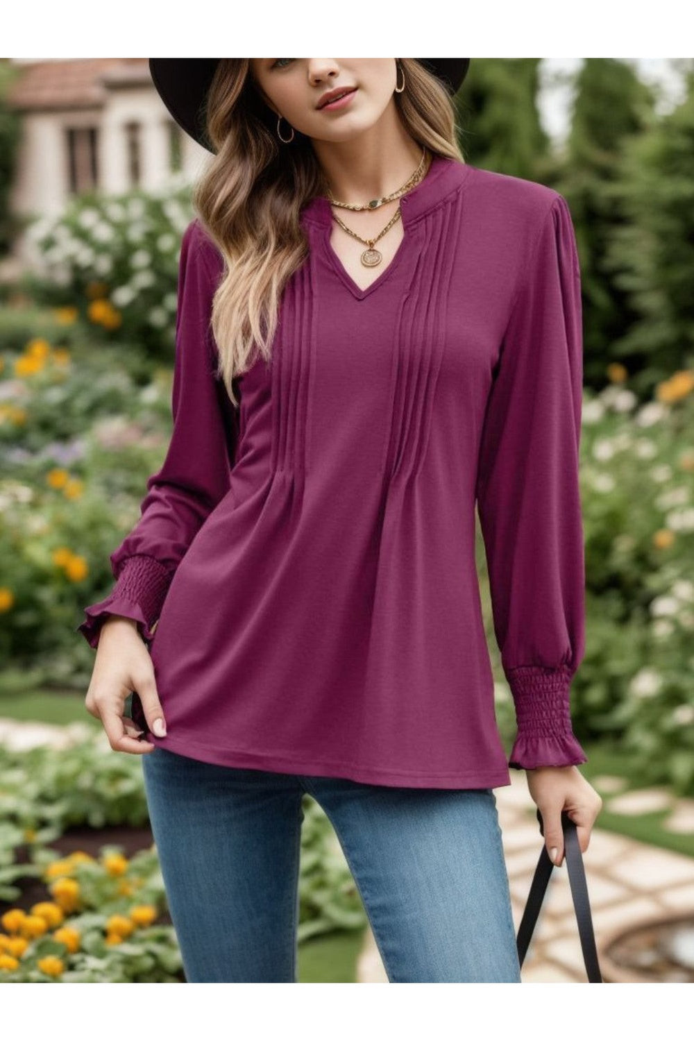 Notched Smocked Flounce Sleeve Blouse Deep Purple Fitggins