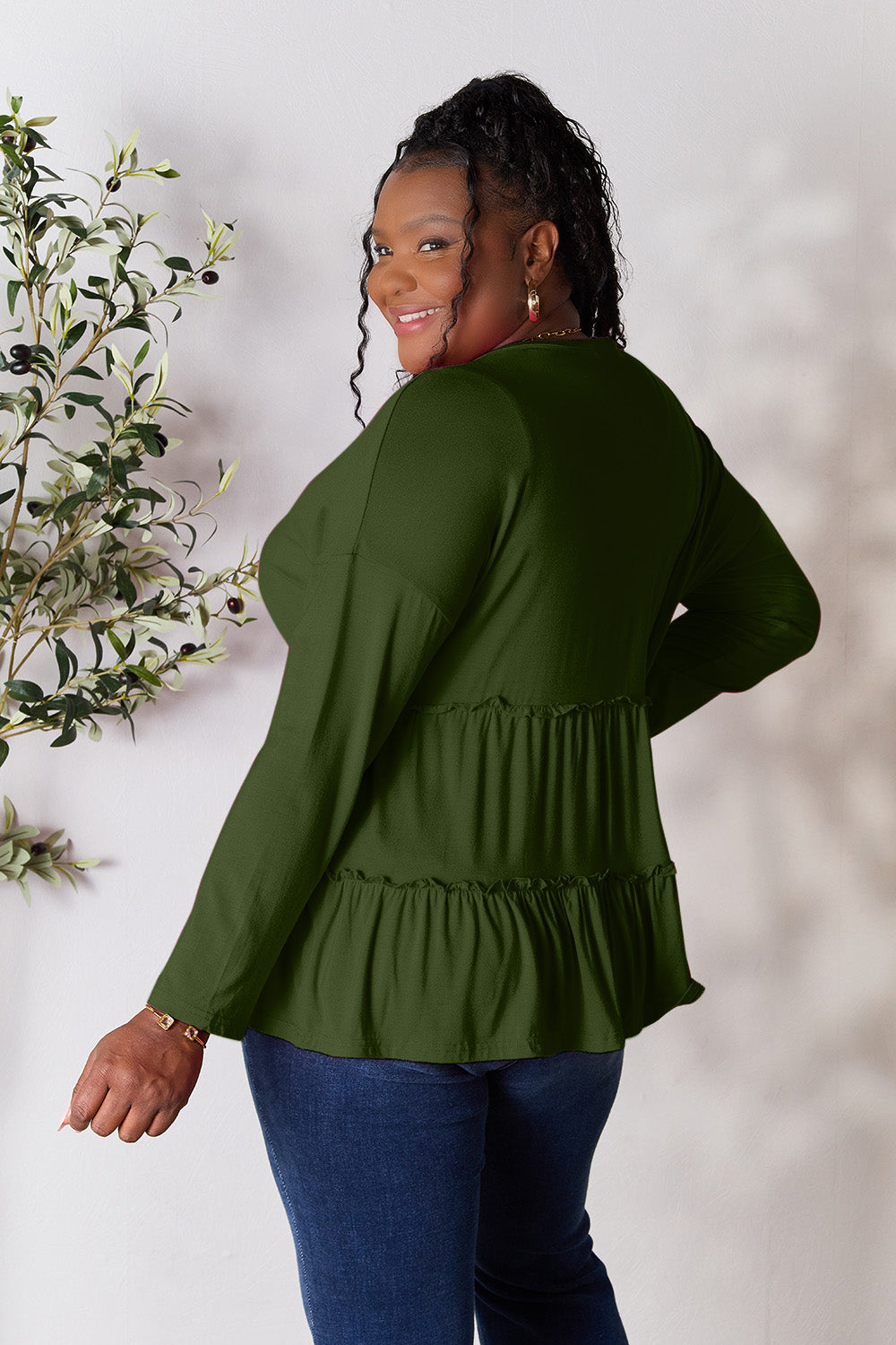 Double Take Half Button Long Sleeve Ruffle Hem Blouse - Blouses - FITGGINS