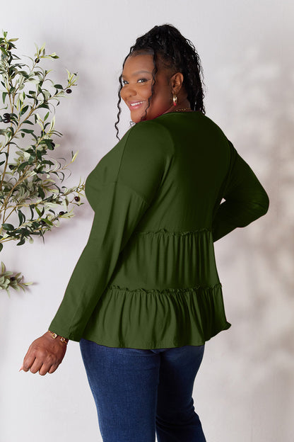 Double Take Half Button Long Sleeve Ruffle Hem Blouse - Blouses - FITGGINS