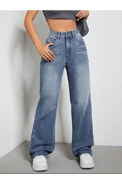 High Rise Wide Leg Jeans with Pockets - Jeans - FITGGINS