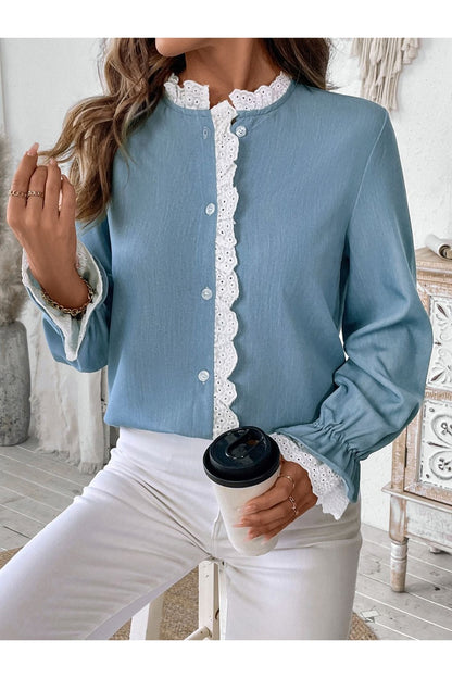 Perfee Lace Detail Button Down Long Sleeve Shirt - Shirts - FITGGINS