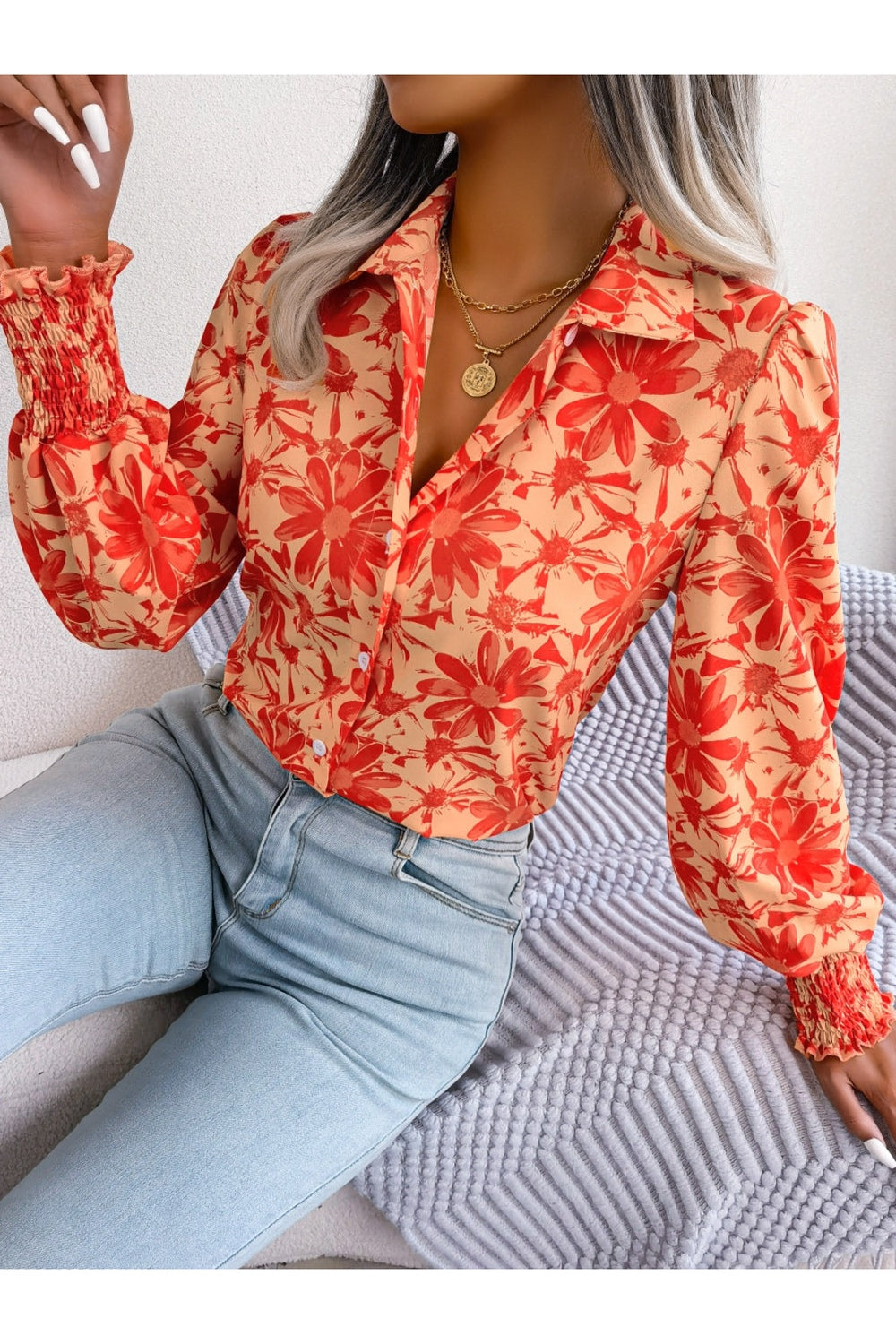 Floral Collared Neck Long Sleeve Shirt - Shirts - FITGGINS