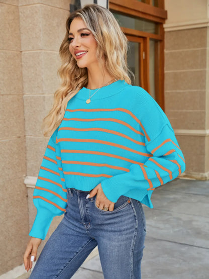 Round Neck Striped Lantern Sleeve Sweater Fitggins