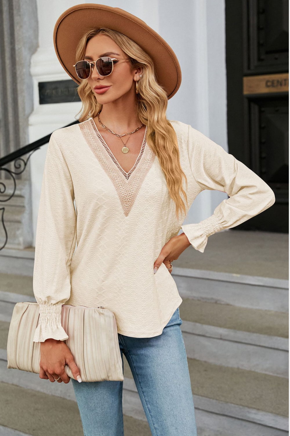 V-Neck Flounce Sleeve Blouse Fitggins