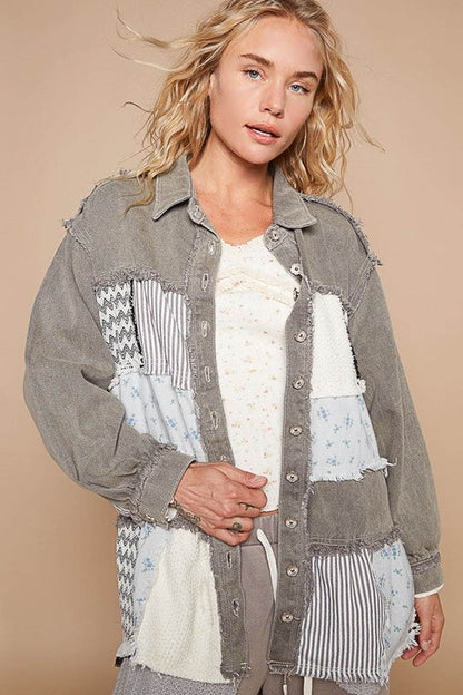 POL Raw Hem Patchwork Dropped Shoulder Jacket - Jackets - FITGGINS