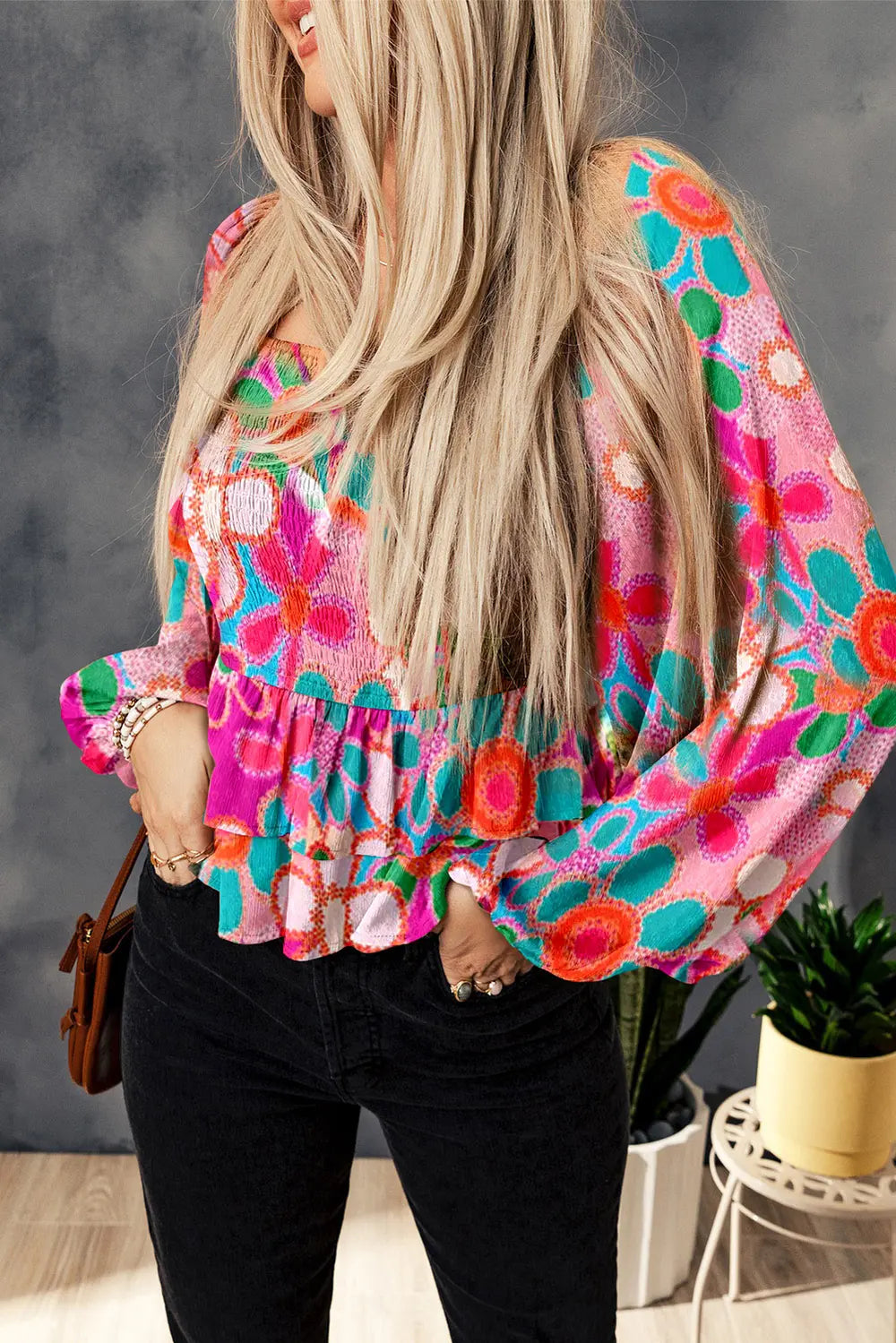Floral Smocked Ruffled Balloon Sleeve Blouse Fitggins