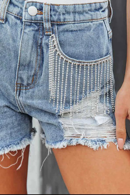 Rhinestone Fringe Distressed Denim Shorts Fitggins