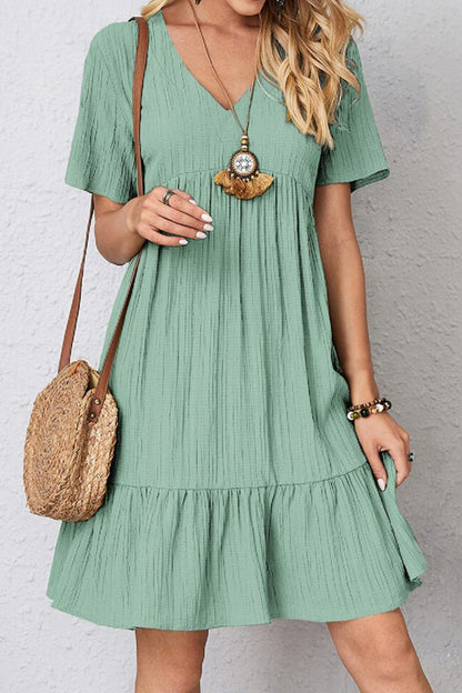 Full Size Ruched V-Neck Short Sleeve Dress - Casual & Maxi Dresses - FITGGINS