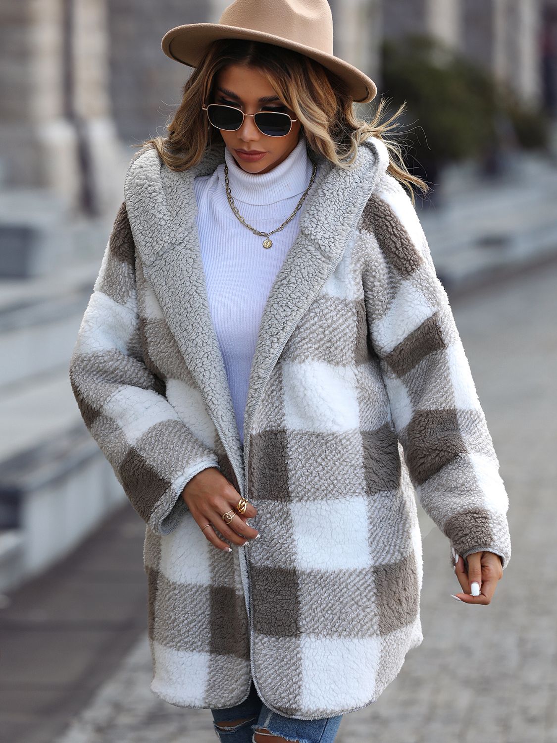 Plaid Open Front Hooded Coat Fitggins