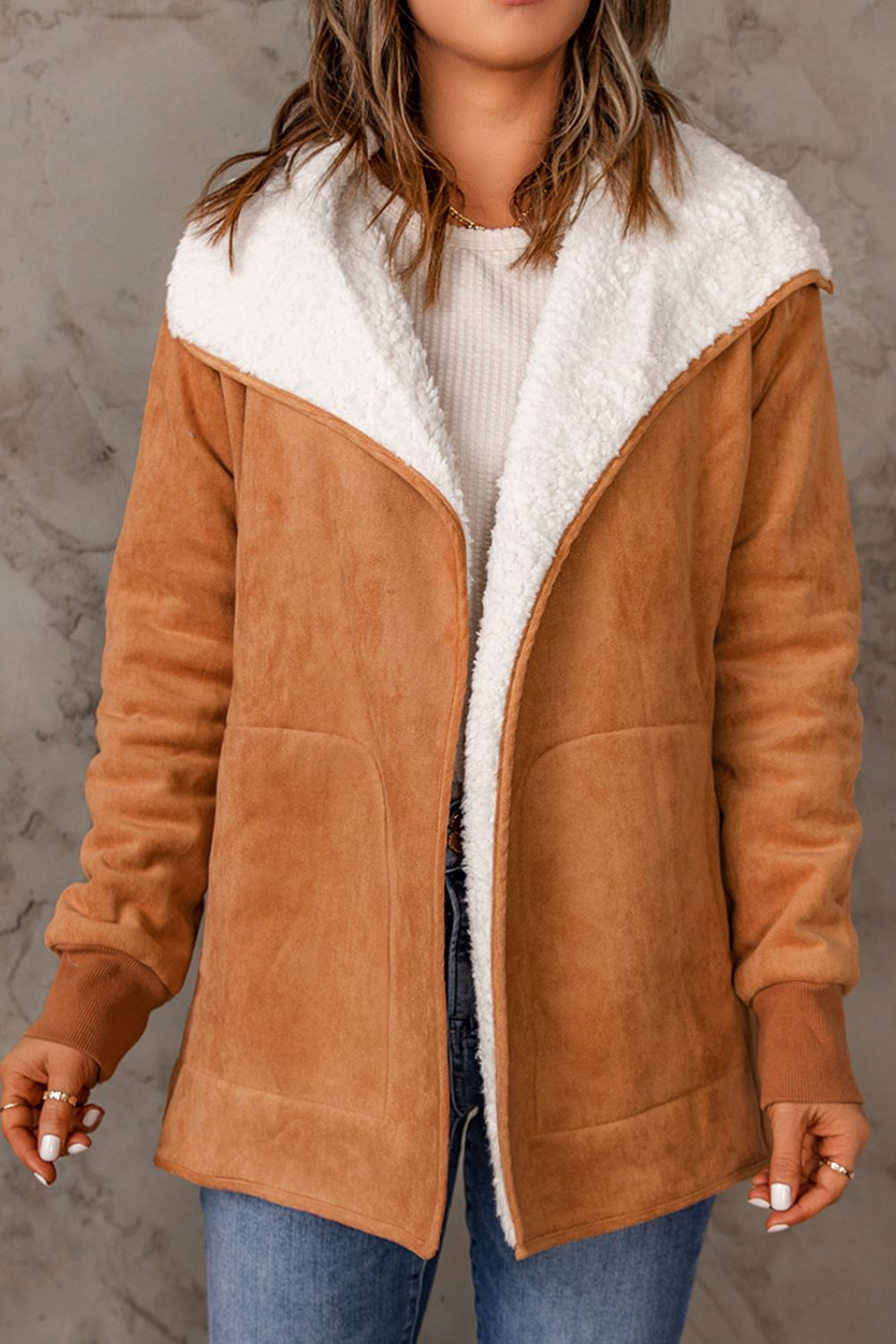 Open Front Long Sleeve Sherpa Jacket - Jackets - FITGGINS