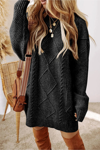 Cable-Knit Round Neck Sweater Dress - Sweater Dresses - FITGGINS