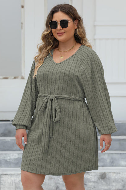 Plus Size Ribbed Tie Front Long Sleeve Sweater Dress - Sweater Dresses - FITGGINS