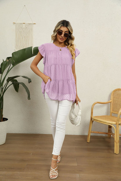 Swiss Dot Round Neck Tiered Blouse Fitggins