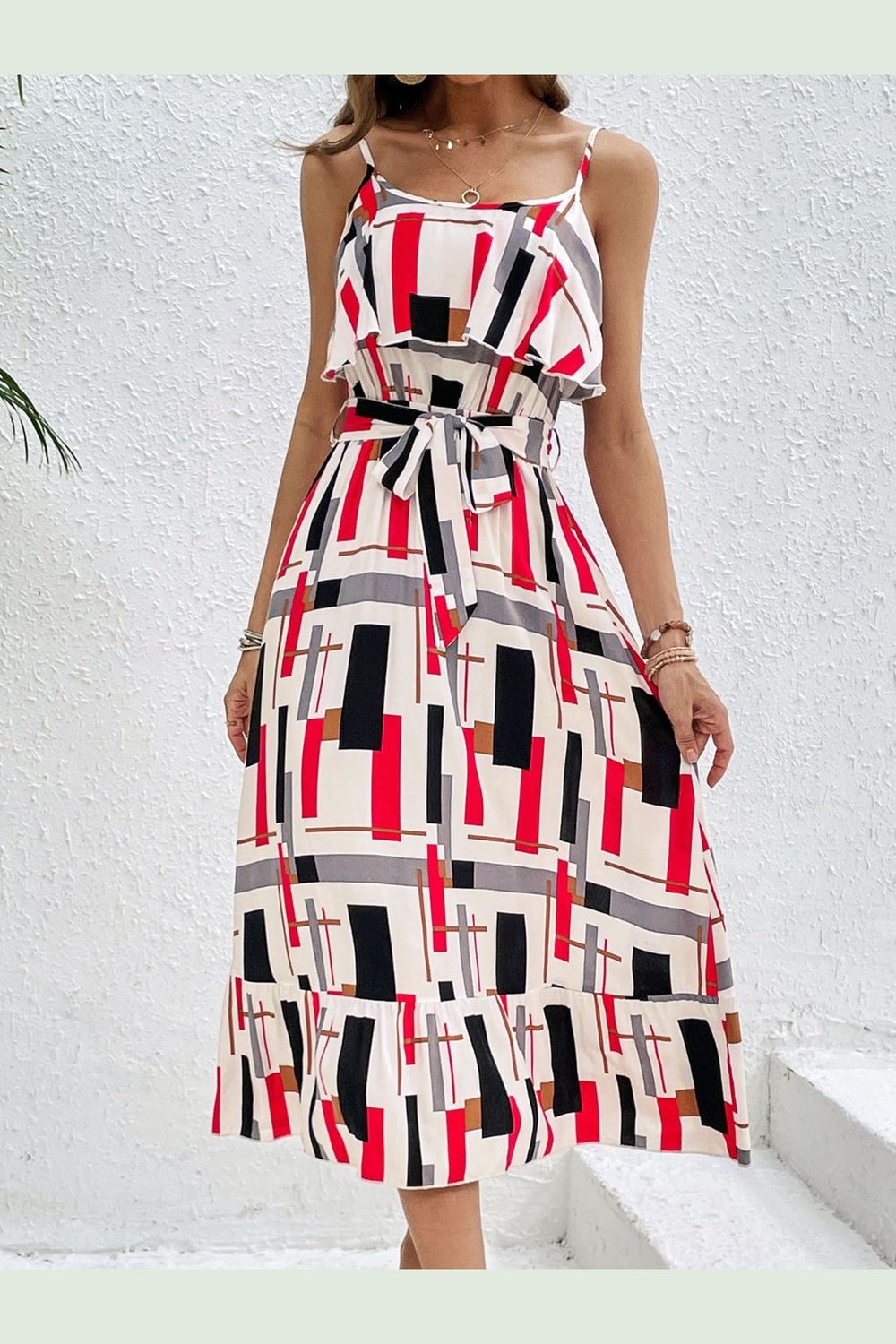 Ruffled Printed Tie Waist Midi Dress - Casual & Maxi Dresses - FITGGINS