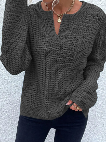 Notched Long Sleeve Sweater Fitggins