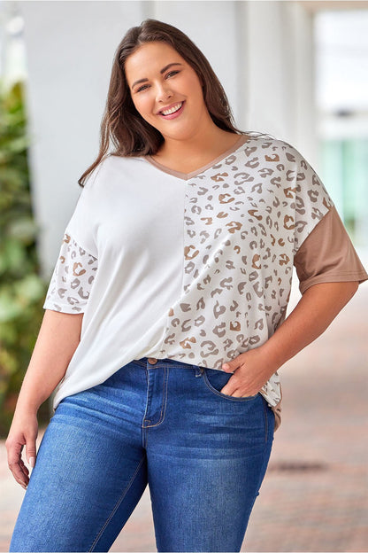 Plus Size Leopard V-Neck T-Shirt - T-Shirts - FITGGINS