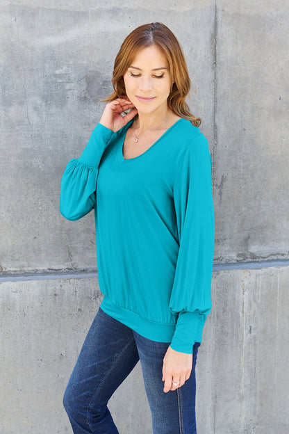 Basic Bae Full Size V-Neck Lantern Sleeve Top - T-Shirts - FITGGINS