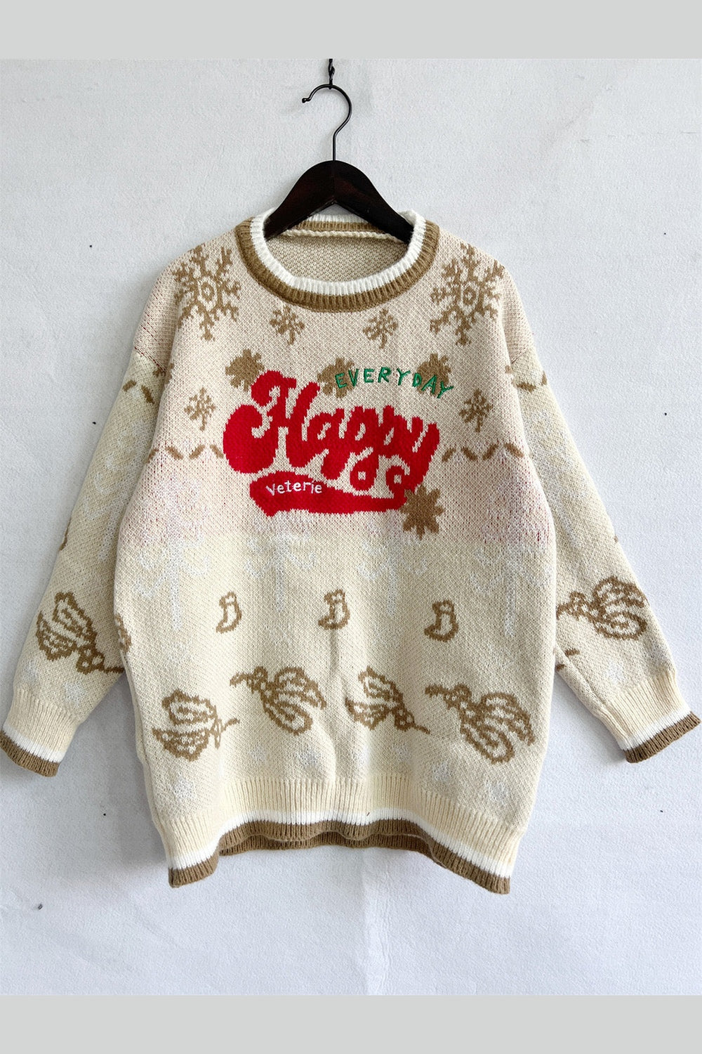 HAPPY Round Neck Long Sleeve Sweater - Pullover Sweaters - FITGGINS