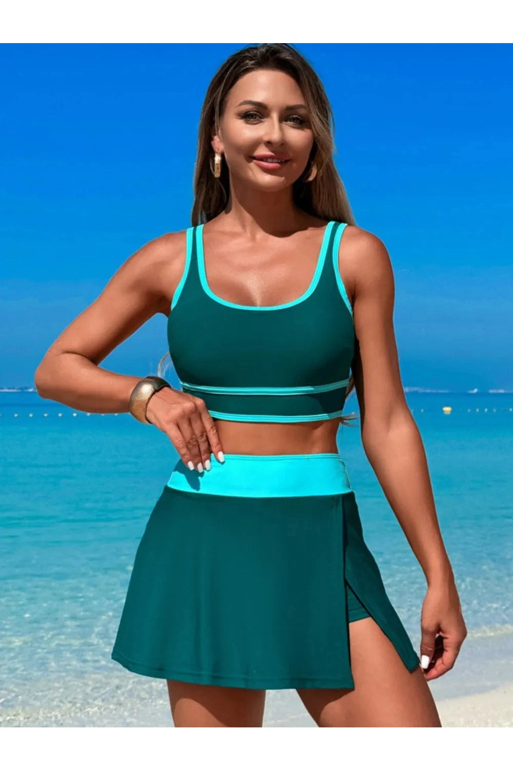 Playful Scoop Neck Top & Skort Swim Set Fitggins