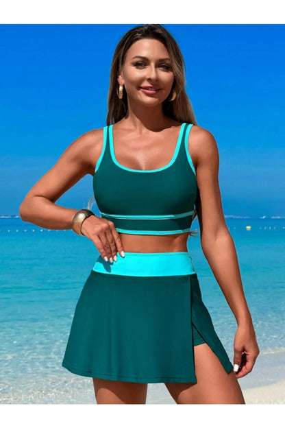Playful Scoop Neck Top & Skort Swim Set Fitggins