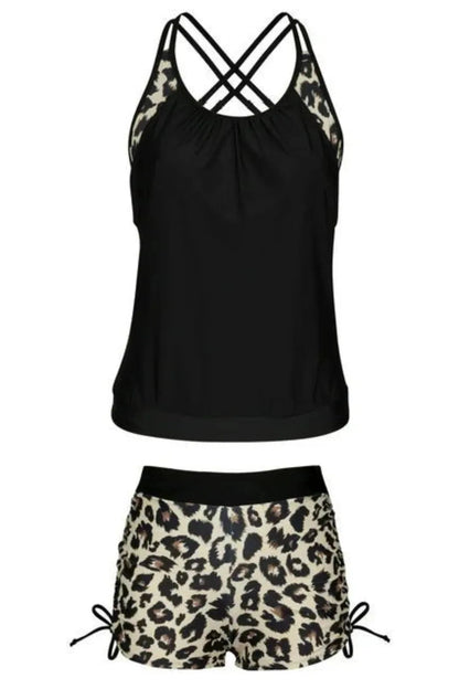 Playful Crisscross Leopard Scoop Neck Two-Piece Swim Set Fitggins