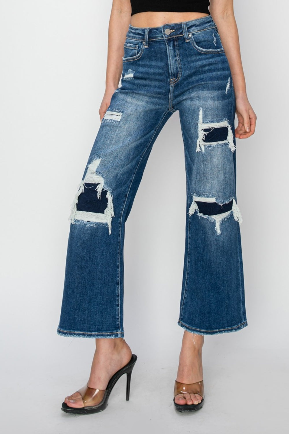 Risen Full Size High Rise Patch Detailed Wide Leg Crop Jeans - Jeans - FITGGINS