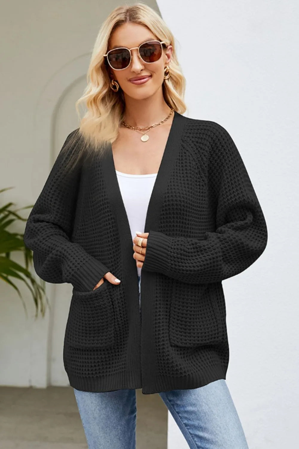 Open Front Raglan Sleeve Pocketed Cardigan Fitggins
