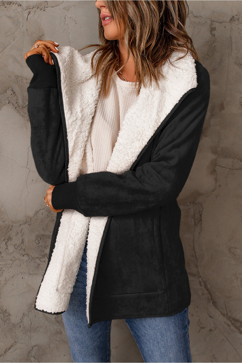 Open Front Long Sleeve Sherpa Jacket - Jackets - FITGGINS