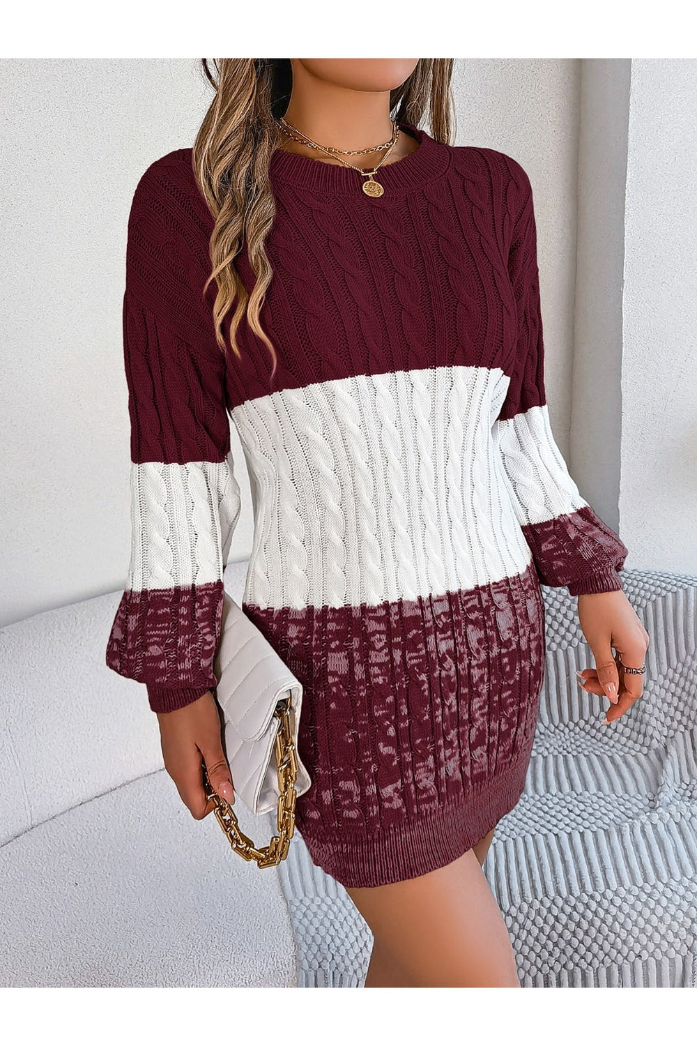 Cable-Knit Round Neck Color Block Sweater Dress - Sweater Dresses - FITGGINS