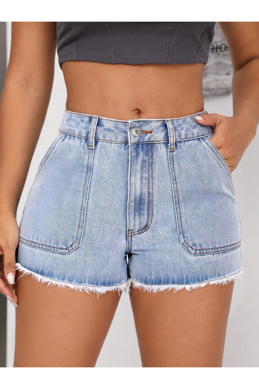 Raw Hem Pocketed Denim Shorts - Denim Shorts - FITGGINS