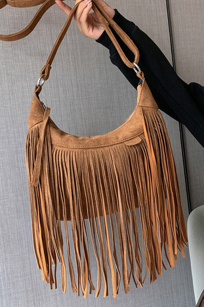 Suede Fringe Adjustable Strap Shoulder Bag - Handbag - FITGGINS