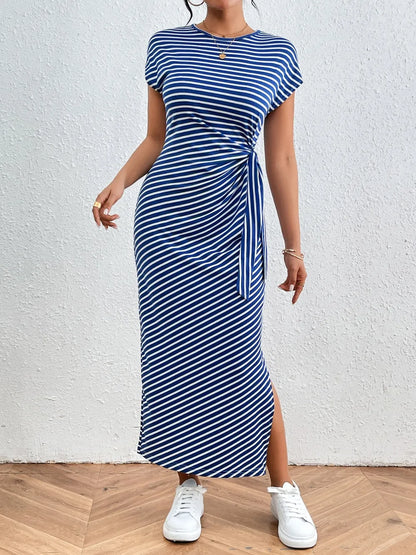 Honey Tied Striped Round Neck Short Sleeve Tee Dress Fitggins