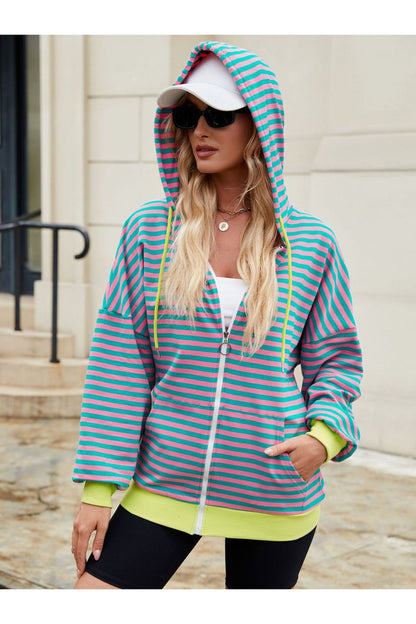 Drawstring Striped Zip Up Long Sleeve Hoodie - Sweatshirts & Hoodies - FITGGINS