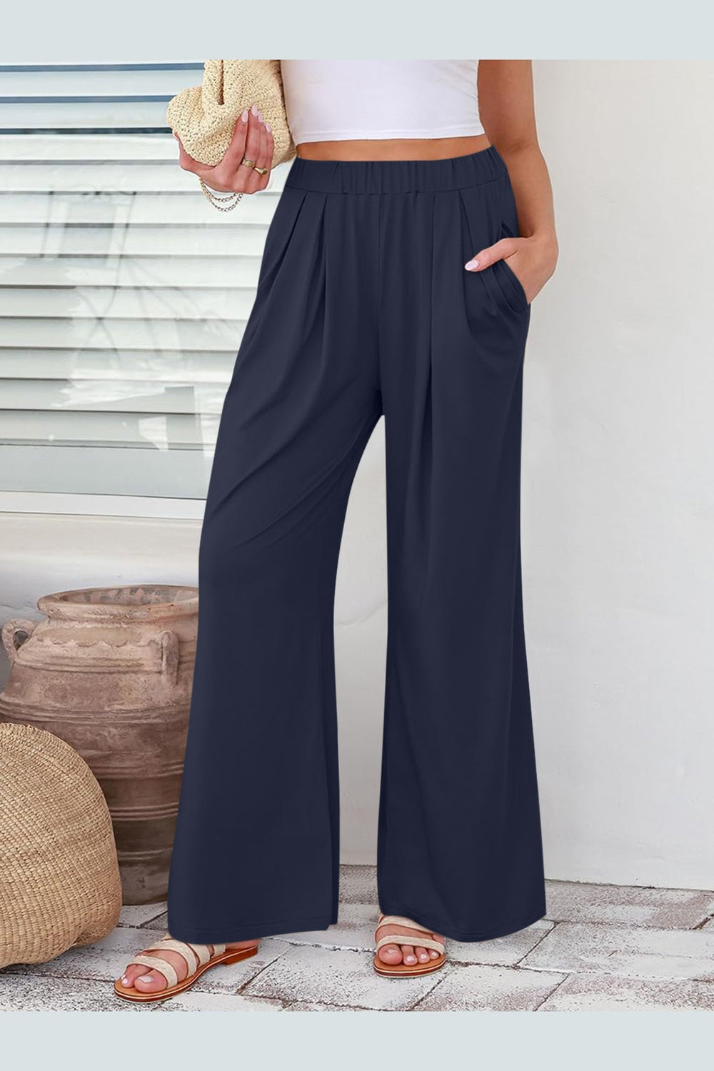 Elastic Waist Wide Leg Pants - Pants - FITGGINS