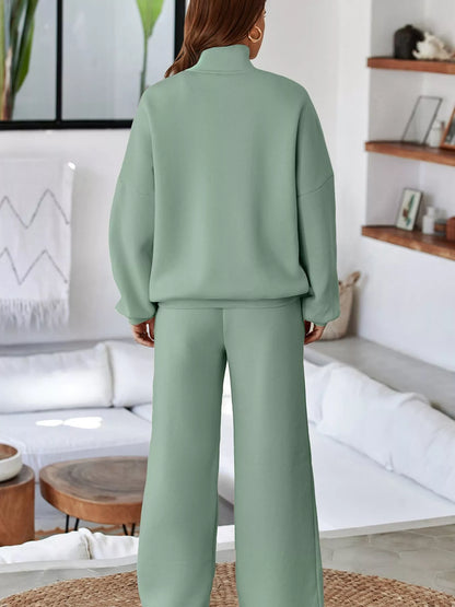 Drop Shoulder Zip Up Jacket and Drawstring Pants Active 2pcs Set Fitggins