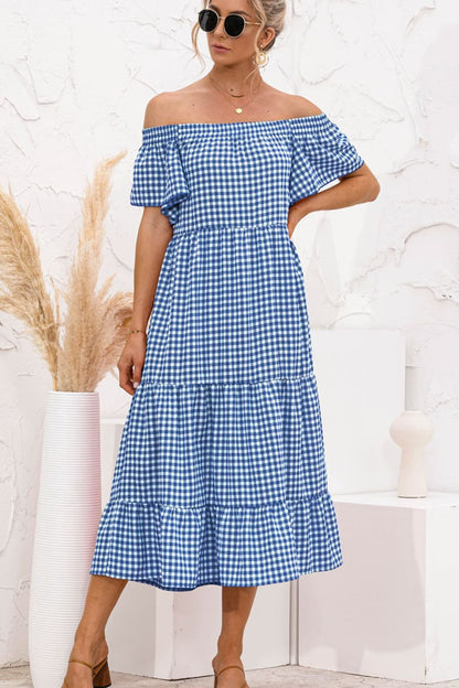 Plaid Off-Shoulder Tiered Midi Dress - Casual & Maxi Dresses - FITGGINS