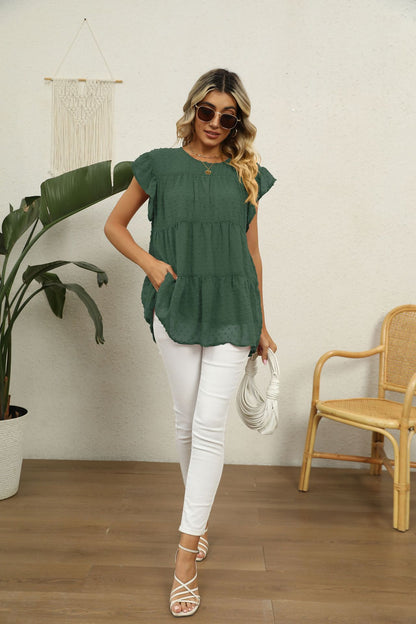 Swiss Dot Round Neck Tiered Blouse Fitggins