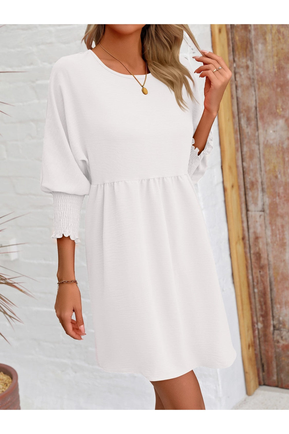 Round Neck Lantern Sleeve Mini Dress - Casual & Maxi Dresses - FITGGINS