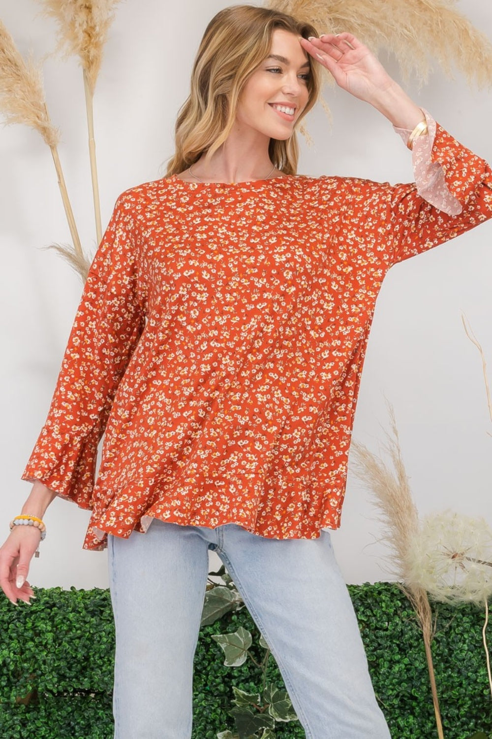 Celeste Full Size Floral Ruffle Detail Top - Shirts - FITGGINS