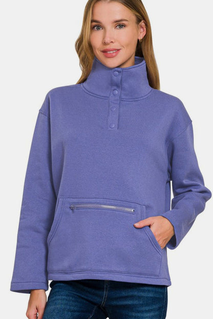 Zenana Turtleneck Half Snap Fleece Sweatshirt - Sweatshirts & Hoodies - FITGGINS