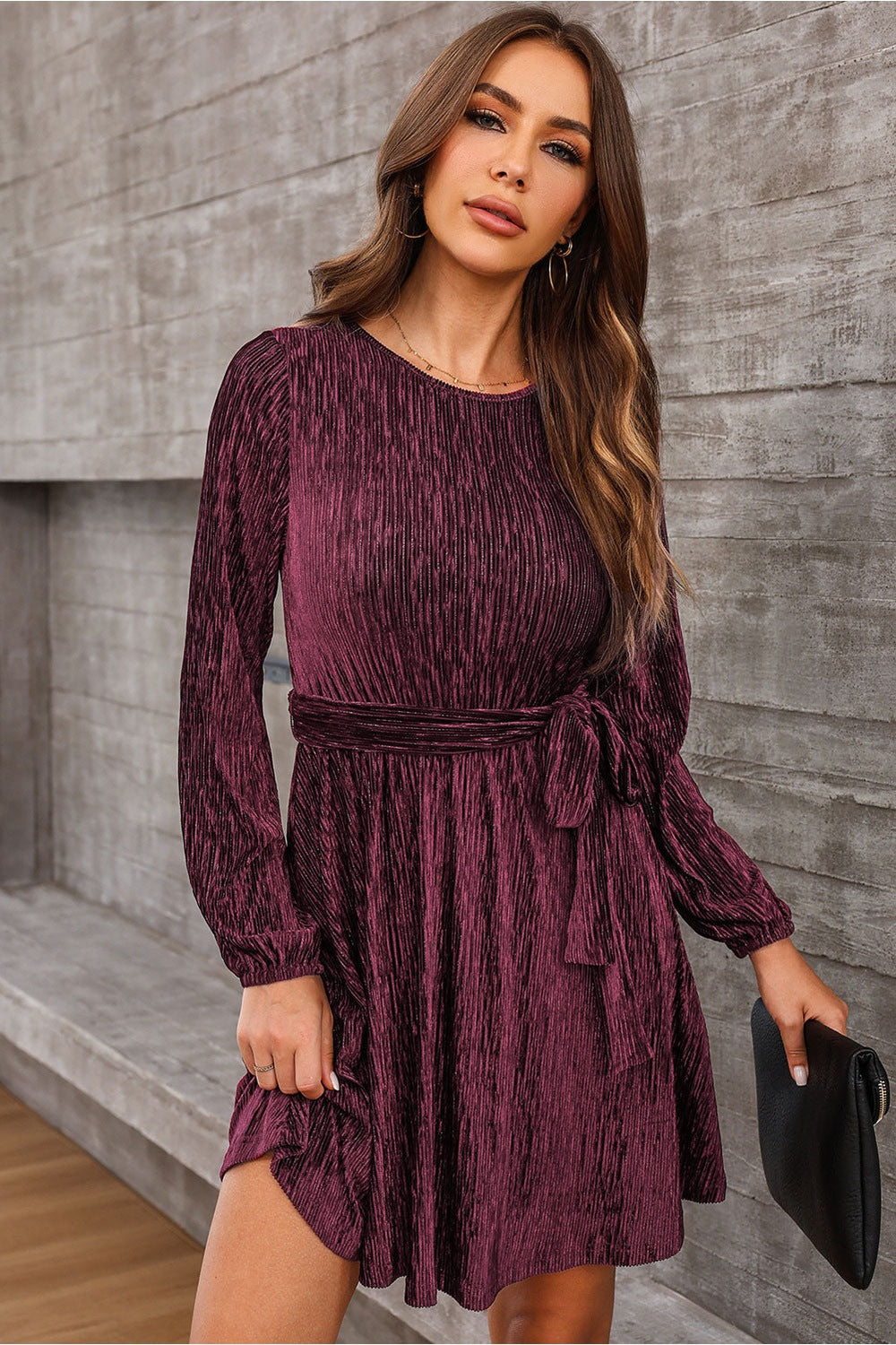 Round Neck Tie Front Long Sleeve Dress - Casual & Maxi Dresses - FITGGINS