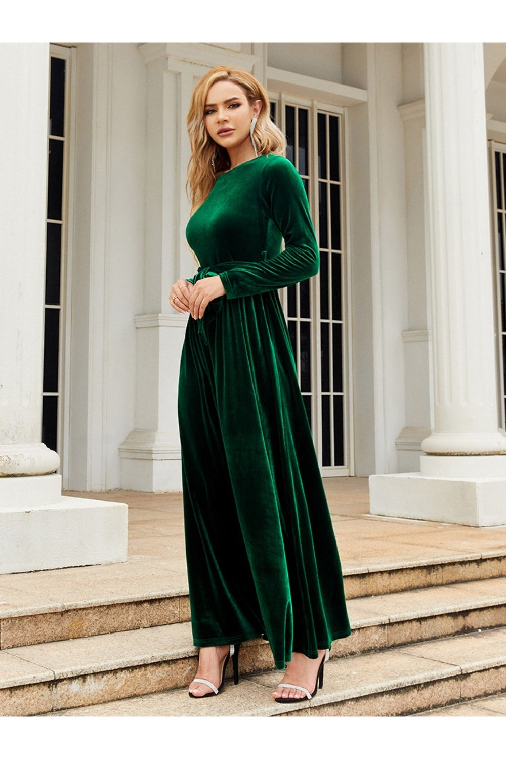 Tie Front Round Neck Long Sleeve Maxi Dress - - FITGGINS